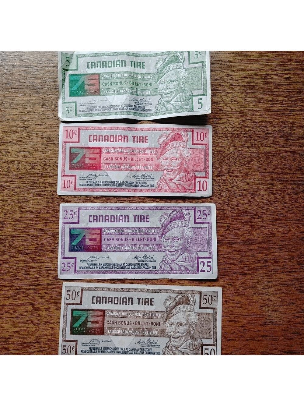 Canadian Tire Money 75th Anniversary Edition Lot of 4 5 Cents 10 Cents 25 50